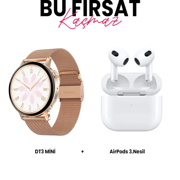 Watch Dt3 Mini Kadın Akıllı Saat ve Airpods 3. Nesil Bluetooth Kulaklık