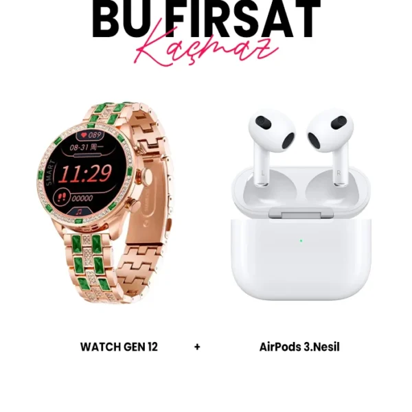 Watch Gen 12 Kadın Akıllı Saat ve Airpods 3. Nesil Bluetooth Kulaklık